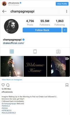 Drake Follows Niniola On Instagram, Teni Reacts