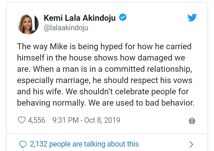 BBNAIJA: Actress, Lala Akindoju says Mike shouldn’t be promoted for behaving Normally