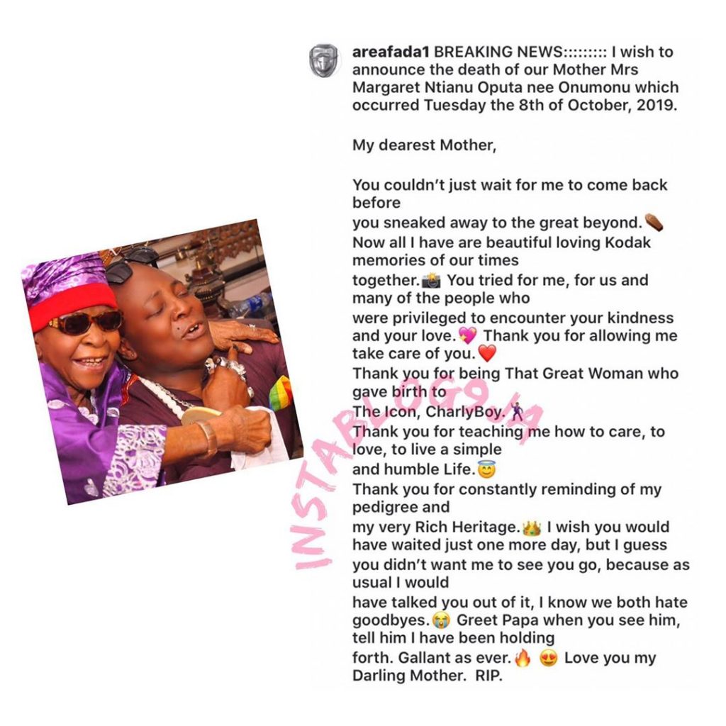 Charlyboy loses mom
