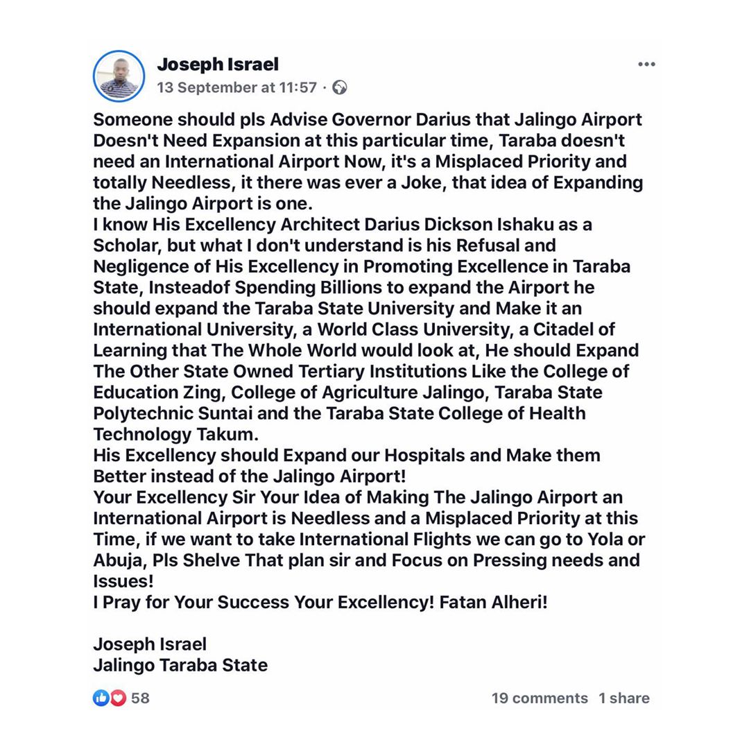 Taraba State University student expelled for criticizing his governor on Facebook .