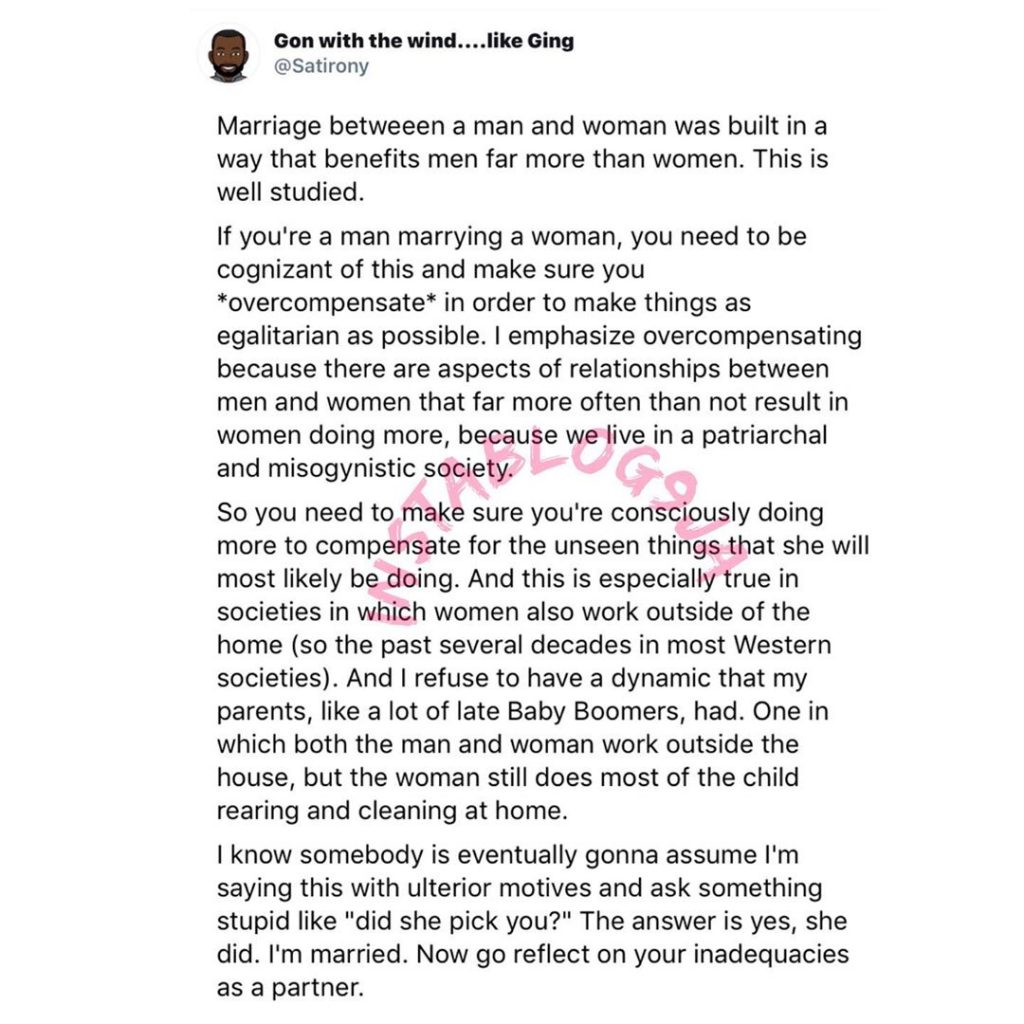 Marriage was built in a way that benefits men far more than women – Twitter user