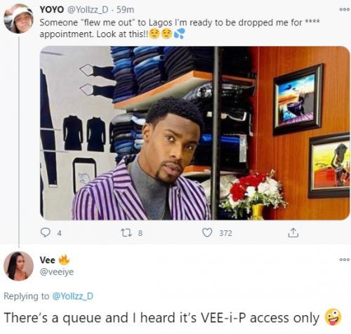 “There is a queue and I heard it’s  VEE-I-P access only” – VEE Send Warning To Lady Trying To Snatch Neo
