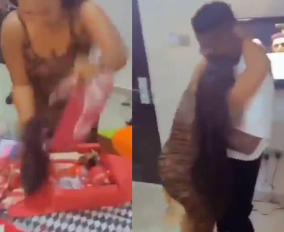 See how this Nigerian lady reacted after her boyfriend gifted her bone straight hair on her birthday. (Video)