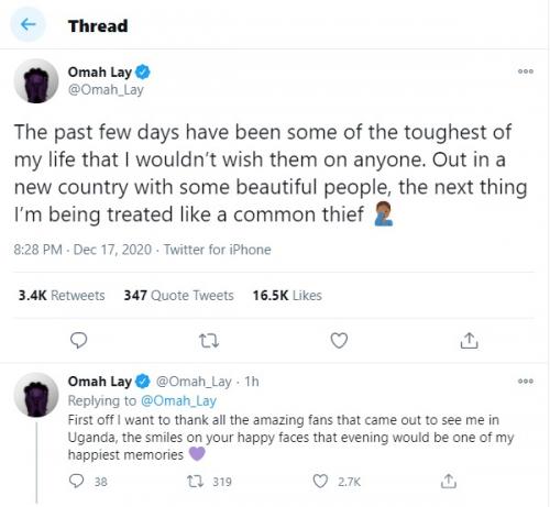 I was treated like a common criminal even after the show promoters confirmed and proved they?d secured all clearances including COVID-19 compliance - Omah Lay writes on his Ugandan experience after arriving Nigeria