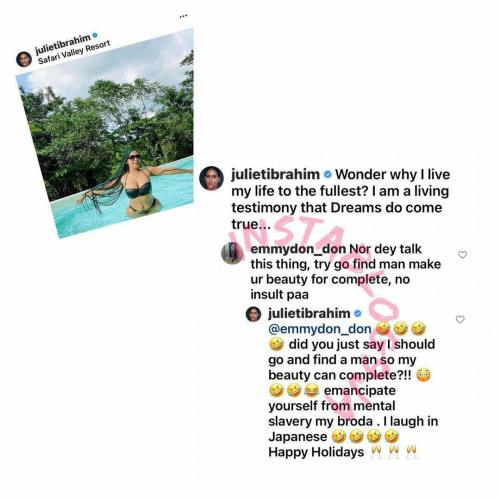 See The Hilarious Response Juliet Ibrahim gave a Troll Who Told Her "To Find A Man"