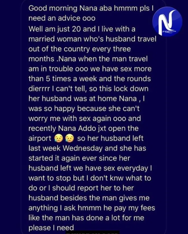 My Boss’s wife Chops me five times a Week whenever Her Husband Travels – 20 year old Ghanaian Boy cries out