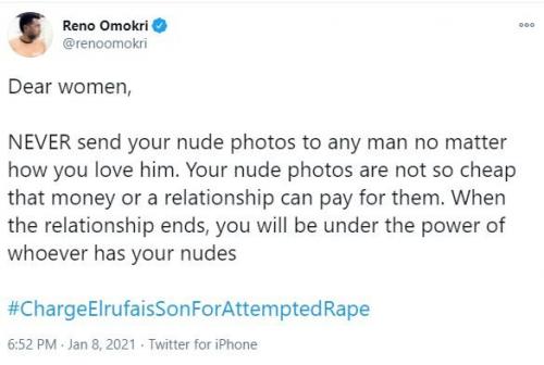 Never Send Your Nudes To Any Man – Reno Omokri Warns Ladies