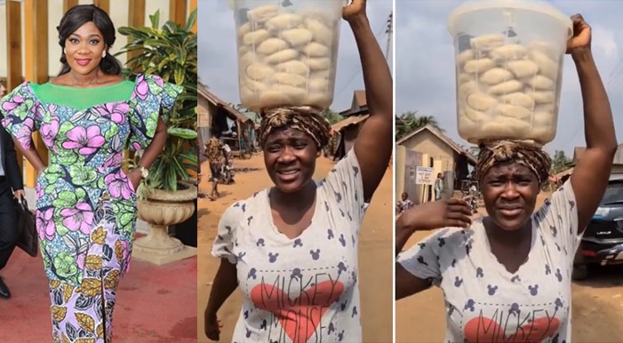Mercy Johnson hawks fufu on movie set, prays for struggling mothers (Video)