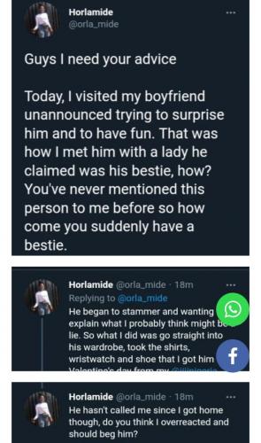 Lady narrates what she did to her boyfriend after she caught him with his “bestie”