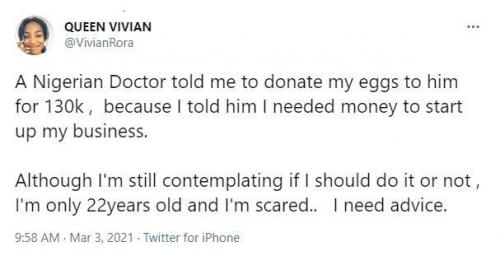 Lady laments as Doctor advised selling her eggs to him to raise funds for business